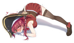 Rule 34 | 1girl, black hat, breasts, brown footwear, brown hair, commentary request, eyepatch, guilty gear, hat, heart, heart-shaped pupils, hololive, houshou marine, jack-o&#039; challenge, looking at viewer, mauve, medium breasts, pirate hat, red eyes, red hair, red skirt, shoes, simple background, skirt, solo, spread legs, symbol-shaped pupils, thighhighs, top-down bottom-up, virtual youtuber, white background, wide spread legs