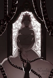 Rule 34 | 1girl, 1other, absurdres, artist name, bare shoulders, biting, broken mirror, chain, crown, dated, dress, greyscale, grin, highres, horns, horror (theme), looking at viewer, mirror, monochrome, multiple persona, multiple views, princess (slay the princess), slay the princess, smile, teeth, the hero (slay the princess), thecrownash, white eyes
