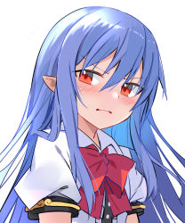 Rule 34 | 1girl, blue hair, blush, bow, bowtie, buttons, e.o., hair between eyes, highres, hinanawi tenshi, long hair, no headwear, pointy ears, puffy short sleeves, puffy sleeves, red bow, red bowtie, red eyes, shirt, short sleeves, simple background, solo, touhou, upper body, white background, white shirt