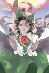 Rule 34 | 1girl, absurdres, arm cannon, arms up, bird wings, black hair, black wings, blouse, blush, bow, breasts, cape, collared shirt, control rod, green bow, green skirt, hair between eyes, hair bow, highres, long hair, looking at viewer, ninniku (mfu7324), open mouth, puffy short sleeves, puffy sleeves, red eyes, reiuji utsuho, shirt, short sleeves, skirt, solo, teeth, third eye, touhou, upper teeth only, v-shaped eyebrows, weapon, white cape, white shirt, wings