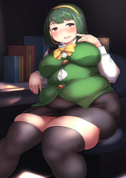 Rule 34 | 1girl, absurdres, belly, big belly, blush, breasts, bursting belly, fat, finger to cheek, fusa (starless2323), green hair, green theme, headset, highres, idolmaster, idolmaster (classic), large breasts, love handles, otonashi kotori, plump, short hair, sitting, skirt, smile, thick thighs, thighhighs, thighs, undersized clothes