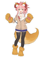 Rule 34 | 10s, 1girl, animal ear fluff, animal ears, animal hands, bad id, bad pixiv id, beige sweater, black thighhighs, blue skirt, bow, breasts, cat paws, cleavage, collarbone, dress shirt, fate/extra, fate/grand order, fate (series), fox ears, fox girl, fox tail, full body, gloves, hair between eyes, hair bow, large breasts, long hair, looking at viewer, open mouth, paw gloves, paw shoes, pink hair, pleated skirt, ponytail, red bow, shirt, shoes, sidelocks, simple background, skirt, solo, tail, tamamo (fate), tamamo cat (fate), thighhighs, thighs, tranquil-lizer, white background, yellow eyes