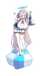 Rule 34 | 1girl, absurdres, alcohol, asuna (blue archive), bare shoulders, bent over, blue archive, blue ribbon, blush, breasts, champagne, champagne bottle, cleavage, cup, drinking glass, elbow gloves, full body, funaya (a2brasd), gloves, hair over one eye, hair ribbon, halo, highres, holding, holding tray, huge breasts, long hair, maid, maid headdress, mole, mole on breast, ribbon, simple background, smile, solo, standing, star (symbol), thighhighs, thighs, tray, twintails, very long hair, white background, white gloves