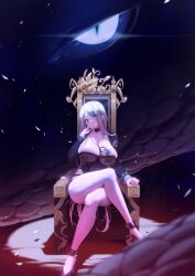 Rule 34 | 1girl, blue eyes, breasts, chest tattoo, choker, cleavage, commission, crossed legs, dragon, high heels, highres, huge breasts, lace, lace dress, long hair, long sleeves, looking at viewer, original, sitting, smirk, solo, tattoo, throne, white hair, yampa