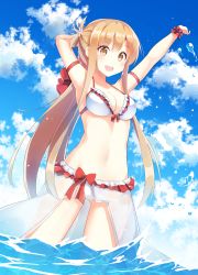 Rule 34 | .com (bot com1), 10s, 1girl, :d, armpits, arms up, asuna (sao), bad id, bad pixiv id, bikini, blush, breasts, brown eyes, brown hair, cleavage, cloud, day, frilled bikini, frills, highres, long hair, navel, open mouth, ponytail, sarong, scrunchie, sky, smile, solo, standing, strap gap, swimsuit, sword art online, water, wrist scrunchie