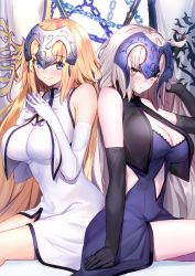 Rule 34 | 2girls, adapted costume, ahoge, bad id, bad pixiv id, bare shoulders, black dress, black gloves, blonde hair, blue eyes, blush, breasts, chain, cleavage, closed mouth, clothing cutout, collarbone, dress, elbow gloves, fate/apocrypha, fate/grand order, fate (series), flag, gloves, headpiece, highres, jeanne d&#039;arc (fate), jeanne d&#039;arc (ruler) (fate), jeanne d&#039;arc (third ascension) (fate), jeanne d&#039;arc alter (avenger) (fate), jeanne d&#039;arc alter (avenger) (third ascension) (fate), jeanne d&#039;arc alter (fate), large breasts, long hair, looking at viewer, multiple girls, navel, navel cutout, ninoude (ninoude44), silver hair, sitting, smile, thighs, white dress, white gloves, yellow eyes