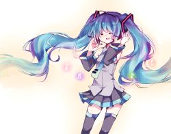 Rule 34 | 1girl, amagi hana, aqua hair, bad id, bad pixiv id, closed eyes, detached sleeves, floating hair, hatsune miku, headset, long hair, musical note, necktie, open mouth, skirt, solo, thighhighs, twintails, very long hair, vocaloid