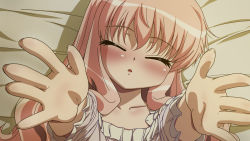 Rule 34 | 00s, 1girl, bed, blush, craft108, closed eyes, incoming kiss, long hair, louise francoise le blanc de la valliere, lying, outstretched arms, pink hair, reaching, solo, zero no tsukaima