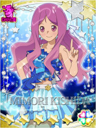 1girl akb0048 blue_background blue_shirt blue_skirt card_(medium) character_name closed_mouth cowboy_shot hair_ornament hand_on_own_hip heart index_finger_raised kishida_mimori long_hair looking_at_viewer non-web_source official_art parted_bangs pink_hair purple_eyes shirt sidelocks skirt sleeveless sleeveless_shirt smile solo sparkle standing star_(symbol) wavy_hair