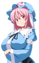 Rule 34 | 1girl, arm under breasts, blue dress, blue hat, breasts, center frills, closed mouth, commentary request, dress, frills, hair between eyes, hat, highres, large breasts, long sleeves, looking at viewer, mob cap, nori tamago, pink hair, red eyes, saigyouji yuyuko, short hair, simple background, smile, solo, split mouth, touhou, triangular headpiece, white background, wide sleeves