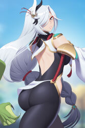 Rule 34 | 1girl, 1other, ass, ass focus, blurry, blurry background, bodysuit, braid, breasts, from behind, genshin impact, green eyes, hair ornament, hair over one eye, highres, hip vent, large breasts, long hair, looking back, looking down, monster, nanquan zhanglang, parted lips, shenhe (genshin impact), sideboob, sideways glance, single braid, skin tight, teeth, very long hair, white hair