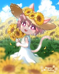 Rule 34 | 1girl, :d, animal ears, blurry, blurry foreground, bright pupils, cat ears, cat girl, cat tail, clothing cutout, dappled sunlight, dress, ears through headwear, falling petals, female focus, fewer digits, flower, furry, furry female, happy birthday, hat, hat flower, highres, holding, holding flower, light purple hair, looking at viewer, open mouth, original, petals, purple eyes, sarara (yoasobi), smile, solo, straw hat, sunflower, sunlight, tail, tail through clothes, white dress, white pupils