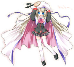 Rule 34 | 1girl, blue eyes, bow, buttons, cape, hat, large buttons, little busters!, long hair, noumi kudryavka, paco, pink bow, school uniform, serafuku, silver hair, solo, thighhighs