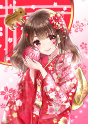 Rule 34 | 1girl, boar, brown hair, chinese zodiac, closed mouth, floral print, furisode, hair ornament, highres, holding, japanese clothes, kanzashi, kimono, long hair, long sleeves, looking at viewer, new year, obi, original, print kimono, red eyes, red kimono, sakura rio1116, sash, smile, solo, wide sleeves, year of the pig