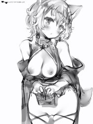 Rule 34 | 1girl, animal ears, bad id, bad pixiv id, bare shoulders, bell, belt collar, blush, braid, breasts, breasts out, cleavage cutout, closed mouth, clothes lift, clothing cutout, collar, copyright request, cowboy shot, dog ears, dog tags, dog tail, dress, dress lift, greyscale, head tilt, highres, jingle bell, large breasts, looking at viewer, monochrome, nanashi (nlo), neck bell, nipples, pelvic curtain, pelvic curtain lift, pussy, sakuma nemu, simple background, solo, tail, virtual youtuber, white background