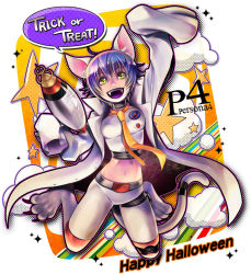 Rule 34 | 1girl, animal ears, atlus, bad id, bad pixiv id, blue hair, cat ears, cat feet, cat tail, choumoku (toriko b c), copyright name, dark persona, energy gun, english text, fangs, halloween, happy halloween, lab coat, midriff, necktie, open mouth, persona, persona 4, personification, ray gun, shadow (persona), shadow naoto, shirogane naoto, short hair, sleeves past wrists, smile, solo, tail, text focus, trick or treat, weapon, yellow eyes