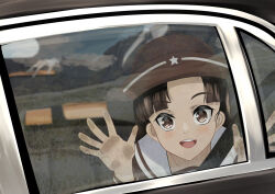 Rule 34 | 1boy, 1girl, :d, aged down, brown eyes, brown hair, car, car interior, commentary request, father and daughter, girls und panzer, hand on glass, hat, highres, motor vehicle, necktie, nishi kinuyo, nmz zmn, open mouth, smile