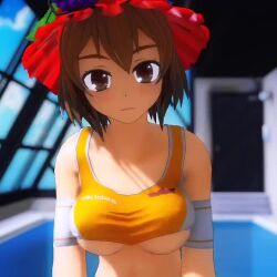 Rule 34 | 1girl, 3d, aki minoriko, animated, arms behind back, bare shoulders, blurry, blurry background, breasts, brown eyes, brown hair, closed mouth, grape hat ornament, hat, indoors, jiggle, large breasts, looking at breasts, looking at viewer, mofumoko5, pool, red hat, rei no pool, short hair, smile, solo, sports bra, standing, tagme, touhou, underboob, video, water