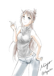 Rule 34 | 1girl, bare arms, bare shoulders, brown hair, closed mouth, commentary request, covered collarbone, denim, grey eyes, jeans, long hair, looking at viewer, miyo340, original, pants, signature, sketch, sleeveless, sleeveless turtleneck, smile, solo, turtleneck, very long hair, white background, white pants