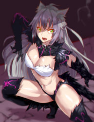 Rule 34 | 1girl, absurdres, agrius metamorphosis, ahoge, angry, animal ears, arm up, atalanta (fate), atalanta alter (fate), black footwear, blurry, blurry background, boots, braid, breasts, buckle, chromatic aberration, cleavage, collar, depth of field, fate/apocrypha, fate (series), french braid, glint, green eyes, highres, kisaragi tsurugi, large breasts, long hair, looking at viewer, navel, revealing clothes, shiny skin, silver hair, slit pupils, solo, spread legs, squatting, stomach, straight hair, thigh boots, thighhighs, thighs, toned, tsurime, v-shaped eyebrows, very long hair, wolf ears