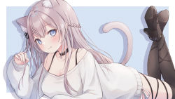Rule 34 | 1girl, animal ear fluff, animal ears, black footwear, blue eyes, braid, breasts, cat ears, cat girl, cat tail, choker, cleavage, crown braid, extra ears, heart, heart choker, highres, holding, holding hair, large breasts, light brown hair, long hair, long sleeves, looking at viewer, lying, no pants, off-shoulder sweater, off shoulder, on stomach, original, over-kneehighs, shano hiyori, shoes, silver hair, smile, sweater, tail, thighhighs