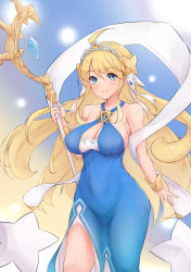 Rule 34 | absurdres, ahoge, bare shoulders, blonde hair, blue eyes, breasts, cleavage, cygames, dragalia lost, hair ornament, hair ribbon, highres, holding, holding weapon, jewelry, kanotype, long hair, looking at viewer, nintendo, ribbon, solo, staff, weapon, zethia