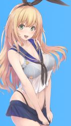 Rule 34 | 1girl, atago (kancolle), black bra, black panties, blonde hair, blue background, blush, bra, breasts, collarbone, cosplay, crop top, crop top overhang, green eyes, hairband, highleg, highleg panties, highres, kantai collection, lace, lace-trimmed bra, lace trim, large breasts, long hair, looking at viewer, navel, open mouth, panties, school uniform, see-through, serafuku, shimakaze (kancolle), shimakaze (kancolle) (cosplay), simple background, skirt, skirt tug, smile, solo, underwear, urigarasu