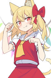 Rule 34 | 1girl, alternate hairstyle, animal ears, bow, cat ears, cat girl, cat tail, commentary request, e.o., flandre scarlet, hair bow, highres, kemonomimi mode, looking at viewer, medium hair, no headwear, red bow, red eyes, simple background, solo, tail, touhou, white background