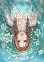 Rule 34 | 1girl, aerith gainsborough, blue eyes, brown hair, commentary request, dress, final fantasy, final fantasy vii, flower, long hair, looking at viewer, nexeee, partially submerged, solo, water