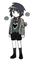 Rule 34 | 1boy, adapted costume, black footwear, black hair, black necktie, black shorts, black socks, blush stickers, closed mouth, collared shirt, colored skin, commentary request, e.g.o (project moon), employee (project moon), full body, green eyes, grey jacket, grey vest, heart, jacket, lobotomy corporation, long sleeves, male focus, necktie, open clothes, open jacket, project moon, shirt, short hair, shorts, simple background, smoke (killscreen s), socks, solo, standing, translation request, vest, white background, white shirt, white skin