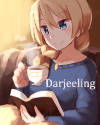 Rule 34 | 10s, 1girl, alternate hairstyle, bad id, bad pixiv id, blonde hair, blue eyes, blue sweater, blush, book, braid, casual, character name, closed mouth, cup, darjeeling (girls und panzer), girls und panzer, hair over shoulder, highres, holding, jewelry, kapatarou, long sleeves, necklace, single braid, sleeveless, smile, solo, sweater, teacup, v-neck