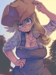 Rule 34 | 1girl, adjusting clothes, adjusting headwear, applejack, aqua eyes, bad id, bad twitter id, blonde hair, breasts, cleavage, cowboy hat, female focus, freckles, hat, large breasts, my little pony, my little pony: friendship is magic, overalls, personification, ponytail, sanjiro (tenshin anman), solo, sweat