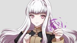 Rule 34 | 1girl, ballpoint pen (medium), closed mouth, fire emblem, fire emblem: three houses, grey background, long hair, long sleeves, lysithea von ordelia, nintendo, pink eyes, roroichi, simple background, solo, traditional media, upper body, white hair