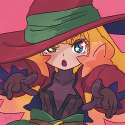 Rule 34 | 1girl, bad id, bad twitter id, blonde hair, blue eyes, blunt bangs, brown gloves, copyright request, dress, fang, gloves, gradient hair, half-closed eye, hat, long hair, long sleeves, looking at viewer, multicolored hair, open mouth, pink background, pointing, pointing at viewer, puffy long sleeves, puffy sleeves, red hat, reiesu (reis), signature, simple background, solo, star-shaped pupils, star (symbol), symbol-shaped pupils, thick eyebrows, upper body, witch hat