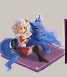 Rule 34 | 2girls, bat wings, black socks, blonde hair, blue eyes, blue hair, controller, crossover, crown, flandre scarlet, game console, game controller, hat, horns, jewelry, kneehighs, long hair, looofa, luna (my little pony), magic, multiple girls, my little pony, my little pony: friendship is magic, playing games, playstation 4, red eyes, ribbon, short hair, side ponytail, single horn, sitting, smile, socks, telekinesis, thighhighs, touhou, trait connection, very long hair, wings
