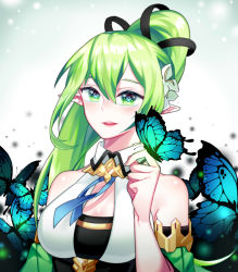 Rule 34 | 1girl, bare shoulders, breasts, bug, butterfly, butterfly on hand, chuki (lydia), cleavage, elf, elsword, flower, glowing, gold trim, green eyes, green hair, hair flower, hair ornament, highres, insect, long hair, open mouth, pointy ears, rena erindel, side ponytail, smile, very long hair, wind sneaker (elsword)
