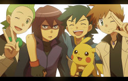 Rule 34 | 4boys, :d, ;d, ^ ^, ash ketchum, black hair, bow, bowtie, brown eyes, brown hair, cilan (pokemon), clenched hand, closed eyes, creatures (company), cyaneko, expressionless, fingerless gloves, game freak, gary oak, gen 1 pokemon, gloves, green eyes, green hair, jewelry, lab coat, letterboxed, looking at viewer, male focus, multiple boys, necklace, nintendo, no headwear, one eye closed, open mouth, paul (pokemon), pikachu, pokemon, pokemon (anime), pokemon (classic anime), pokemon (creature), pokemon bw (anime), pokemon dppt (anime), purple hair, shaded face, simple background, smile, traditional bowtie, upper body, v, white background, wink