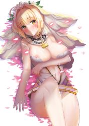 Rule 34 | 1girl, bad id, bad pixiv id, bare shoulders, belt, blonde hair, blush, breasts, bridal veil, center opening, chain, closed mouth, fate/extra, fate/extra ccc, fate/grand order, fate (series), green eyes, hair between eyes, hair intakes, heart, heart-shaped pupils, highres, kyuu (chiu850513), large breasts, legs, leotard, lock, long hair, looking at viewer, lying, navel, nero claudius (bride) (fate), nero claudius (bride) (second ascension) (fate), nero claudius (fate), nero claudius (fate) (all), nipple slip, nipples, on back, padlock, petals, smile, solo, symbol-shaped pupils, thighs, veil, white leotard, zipper