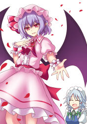 Rule 34 | 2girls, absurdres, ascot, bat wings, bow, braid, closed eyes, commentary, dress, falling petals, fang, green bow, green ribbon, grey hair, hair bow, hand on own chest, hat, hat ribbon, highres, izayoi sakuya, looking at viewer, maid, maid headdress, mob cap, multiple girls, neck ribbon, open mouth, petals, piaoluo de ying huaban, pink headwear, pointy ears, puffy short sleeves, puffy sleeves, purple hair, reaching, reaching towards viewer, red ascot, red bow, red brooch, red eyes, red nails, red petals, remilia scarlet, ribbon, short hair, short sleeves, smile, touhou, twin braids, waist bow, wings, wrist cuffs