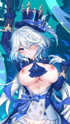 Rule 34 | 1girl, absurdres, ahoge, alternate breast size, arm up, ascot, black gloves, blue ascot, blue bow, blue brooch, blue eyes, blue hair, blue hat, blue jacket, bow, breasts, chinese commentary, cleft of venus, closed mouth, coat, commentary request, covered navel, cowboy shot, dakimakura (medium), double-parted bangs, furina (genshin impact), genshin impact, gloves, hair between eyes, hat, highres, jacket, kodona, lapels, large breasts, lolita fashion, long hair, looking at viewer, misheng liu yin, nipples, one eye closed, open clothes, open coat, out-of-frame censoring, pout, pussy, pussy peek, shorts, solo, thigh strap, top hat, upper body, very long hair, waist bow, wavy hair, white coat, white gloves, white shorts
