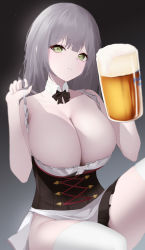 Rule 34 | 1girl, absurdres, alcohol, bad id, bad pixiv id, bare shoulders, beer, black bow, bow, bowtie, breasts, corset, cup, ddlddlddlddl, detached collar, dodari, dress, frilled dress, frills, green eyes, hair between eyes, head tilt, highres, holding, holding cup, hololive, large breasts, looking at viewer, medium hair, no bra, no panties, official alternate costume, pale skin, parted lips, shirogane noel, shirogane noel (dirndl), short dress, side slit, single thighhigh, sitting, solo, strap lift, thighhighs, thighs, virtual youtuber, white thighhighs
