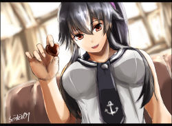 Rule 34 | 10s, 1girl, artist name, black hair, breasts, candy, chocolate, chocolate heart, commentary request, feeding, food, gift, heart, highres, holding, holding gift, incoming food, kantai collection, large breasts, letterboxed, long hair, looking at viewer, necktie, ponytail, pov feeding, red eyes, school uniform, scrunchie, seitei (04seitei), serafuku, shirt, sidelocks, sleeveless, sleeveless shirt, smile, solo, valentine, yahagi (kancolle)