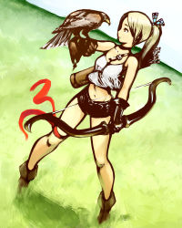 Rule 34 | arrow (projectile), belt, bird, bizon (p regions), boots, bow, bow (weapon), gloves, grass, hair bow, hawk, highres, midriff, navel, ponytail, quiver, shorts, solo, tank top, weapon
