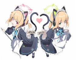Rule 34 | 2girls, 2t (vmyz7342), absurdres, animal ear headphones, animal ears, apron, black dress, black footwear, blonde hair, blue archive, blush, cat tail, dress, fake animal ears, frilled apron, frills, green eyes, green halo, halo, headphones, heart, highres, long sleeves, looking at viewer, maid, maid headdress, midori (blue archive), midori (maid) (blue archive), momoi (blue archive), momoi (maid) (blue archive), multiple girls, open mouth, pantyhose, pink halo, red eyes, shoes, short hair, siblings, simple background, sisters, smile, tail, twins, white apron, white background, white pantyhose