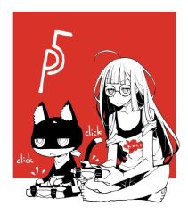 Rule 34 | 10s, 1girl, :&lt;, ahoge, bare shoulders, barefoot, cat, controller, dowman sayman, female focus, frown, game console, game controller, glasses, indian style, jitome, long hair, monochrome, morgana (persona 5), persona, persona 5, playing games, playstation 4, sakura futaba, sitting, solo, white background