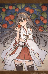 Rule 34 | 1girl, black hair, boots, chinese lantern (plant), commentary request, detached sleeves, food, fruit, hair ornament, hairband, hairclip, haruna (kancolle), headgear, highres, japanese clothes, kantai collection, long hair, looking at viewer, pleated skirt, red skirt, ribbon-trimmed sleeves, ribbon trim, skirt, solo, standing, thigh boots, thighhighs, twitter username, wss (nicoseiga19993411)
