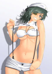 Rule 34 | 1girl, abs, bad hand, breasts, cleavage, covered erect nipples, eyepatch, grey eyes, grey hair, grin, hat, kantai collection, kiso (kancolle), large breasts, looking at viewer, midriff, navel, nokishita kumoemon, shadow, short shorts, shorts, smile, solo, standing, suspenders pull, sweat, thick eyebrows, underboob, white hat, white shorts