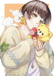 Rule 34 | 1boy, bachira meguru, black hair, blonde hair, blue lock, blunt bangs, cardigan, closed mouth, floral background, flower, hands up, highres, holding, jewelry, long sleeves, looking at viewer, male focus, multicolored hair, necklace, open cardigan, open clothes, orange background, pink flower, pink rose, puffy long sleeves, puffy sleeves, red flower, red ribbon, red rose, ribbon, rose, shirt, short hair, short sleeves, sidelocks, simple background, smile, solo, stitches, stuffed animal, stuffed toy, sweater, teddy bear, two-tone background, two-tone hair, upper body, white background, white flower, white shirt, yellow eyes, yune525neko