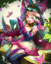 Rule 34 | 1girl, :d, absurdres, artist name, breasts, bug, butterfly, cleavage, dappled sunlight, detached sleeves, faerie court seraphine, fingernails, gradient hair, green eyes, green hair, hair ornament, highres, holding, holding microphone, insect, kamiaodeyemao, leaf, league of legends, looking at viewer, lower teeth only, medium breasts, microphone, multicolored hair, nail polish, nature, official alternate costume, official alternate hairstyle, one eye closed, open mouth, outdoors, parted bangs, pink hair, seraphine (league of legends), sitting, smile, solo, sunlight, teeth, tree