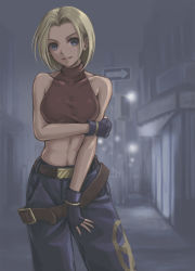Rule 34 | 1girl, absurdres, bare shoulders, belt, blonde hair, blue eyes, blue mary, blue pants, breasts, commentary request, covered collarbone, fatal fury, fingerless gloves, gloves, head tilt, highres, looking at viewer, loose belt, medium breasts, midriff, multiple belts, navel, pants, parted bangs, red tank top, short hair, simple background, sleeveless, smile, snk, solo, star (symbol), star print, stomach, tank top, the king of fighters, turtleneck, tyanoki